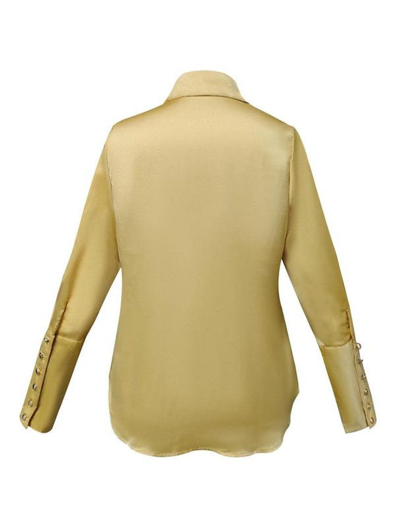 Women'S Solid Color Satin Blouse, Elegant Casual Long Sleeve Collared Top for Work Office Business, Ladies Fall & Winter Clothes