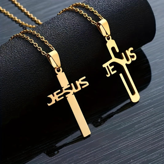 1pc Jesus Letter Cross Pendant Necklace, Stainless Steel Personality Design Fashion Metal Necklace Jewelry Gift