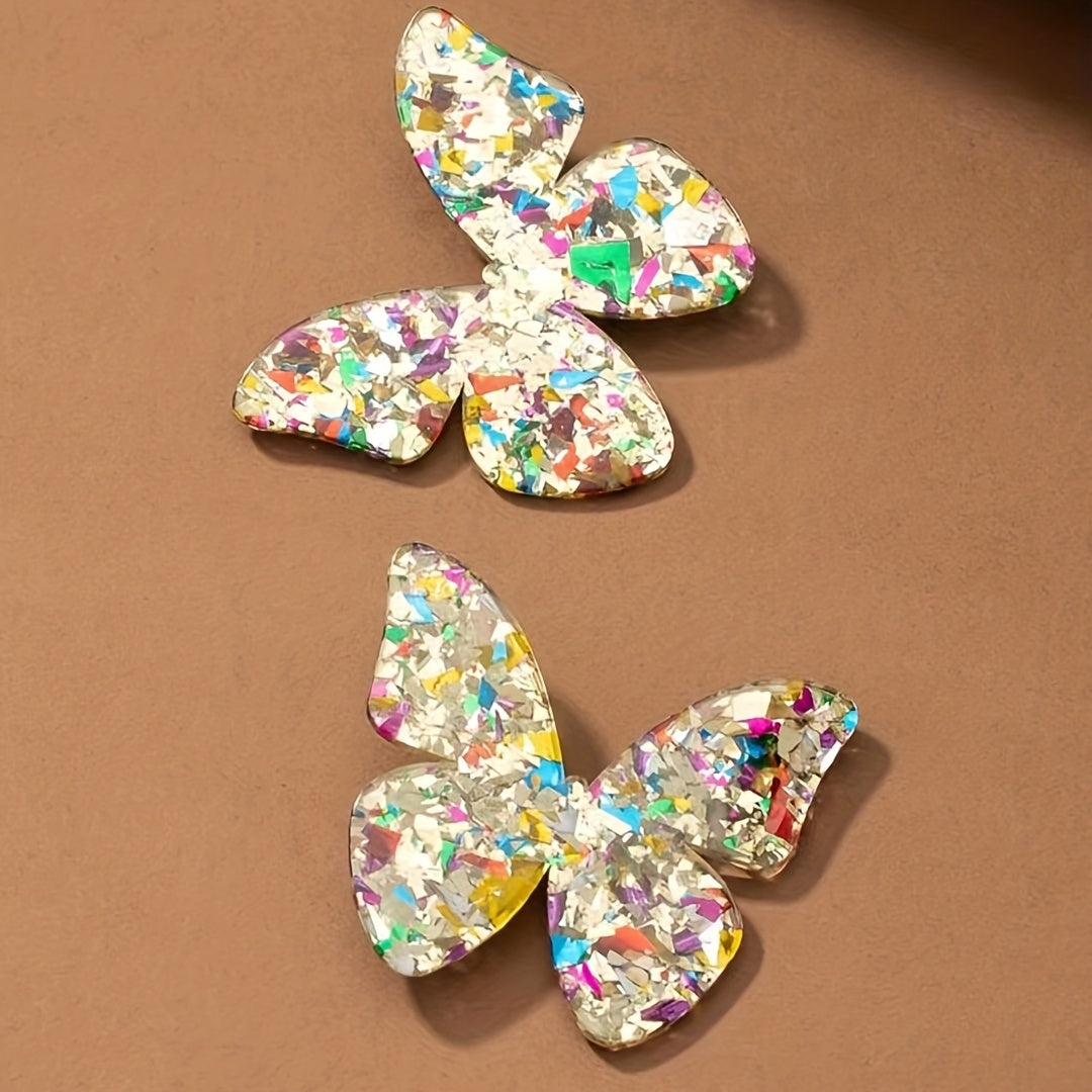 Creative Butterfly Design With Colorful Sequins Decor Stud Earrings Elegant Party Style Acrylic Jewelry Female Gift