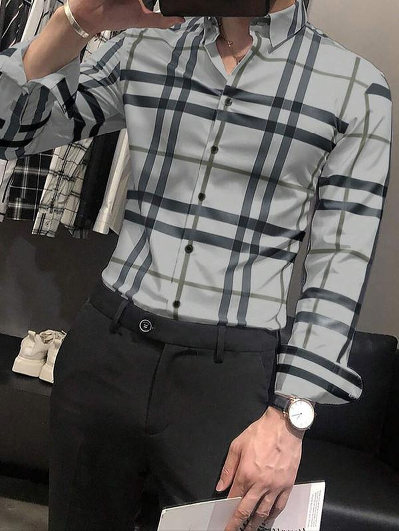 Men'S Plaid Print Long Sleeve Dress Shirt, Casual Comfy Collared Button Design Top for Work Office Business, Men'S Clothes for All Seasons, Menswear