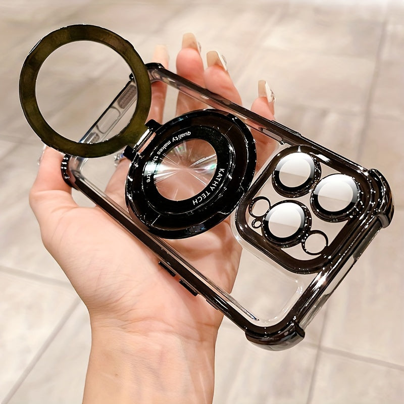Luxury Magnetic Holder Wireless Charging Plating Clear Phone Case For IPhone 11/12/13/14/15 Pro Max Plus Shockproof Transparent Hard Phone Back Cover With Bracket