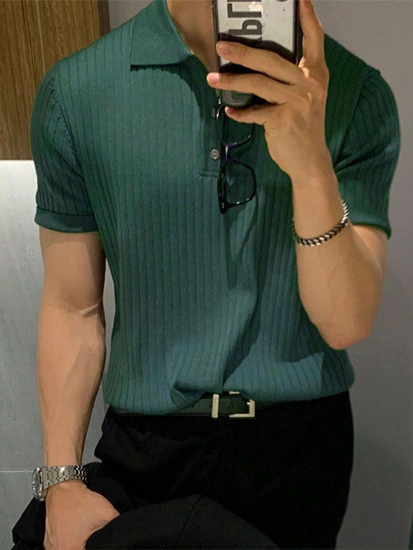 Manfinity Hypemode Men'S Solid Color Rib-Knit Polo Shirt