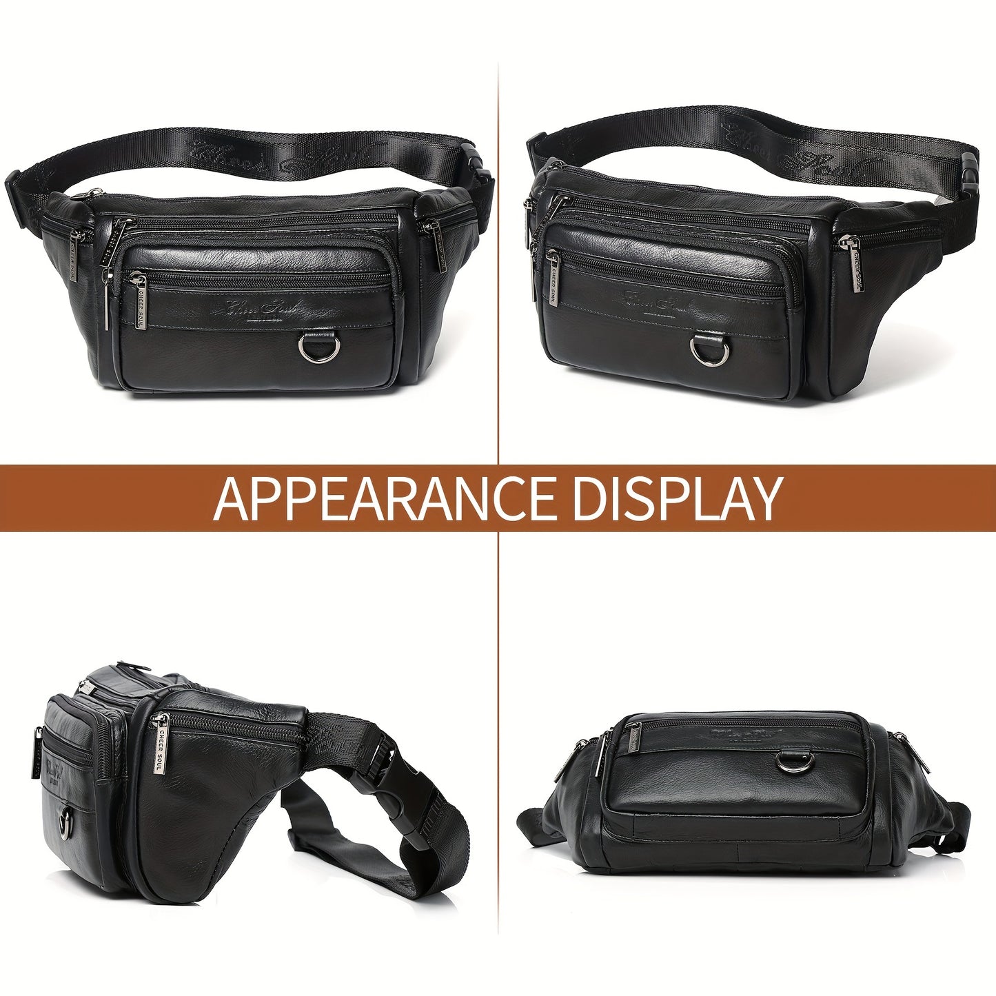Genuine Leather Men's Waist Bag/Women's Multifunctional Hip Bag/Stylish Multi-Pocket Travel Sports Backpack for Hiking, Cycling, Fishing, And Running