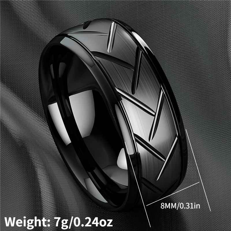 1pc 8MM Luxury Black Titanium Steel Ring - High Quality, Fashion Simple Design, Black Stainless Steel Wire Groove Tire Ring - For Men - Perfect Gift for Him - Anniversary, Birthday, Valentine's Day