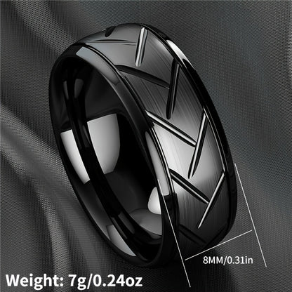 1pc 8MM Luxury Black Titanium Steel Ring - High Quality, Fashion Simple Design, Black Stainless Steel Wire Groove Tire Ring - For Men - Perfect Gift for Him - Anniversary, Birthday, Valentine's Day
