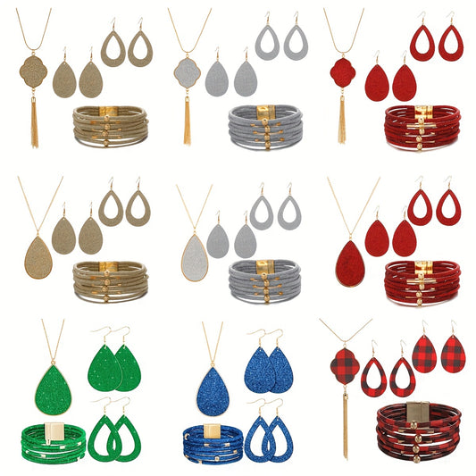 2 Pairs Of Earrings + Necklace + Bracelet Fashion Jewelry Set Multi Colors To Choose Multi Layer Bracelet Match Daily Outfits