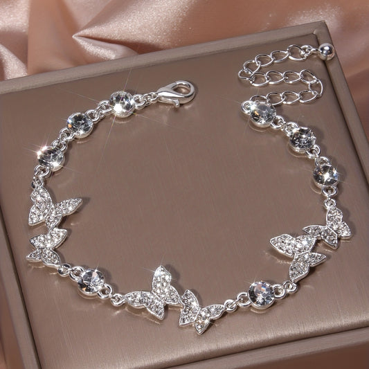 Elegant Full Of Rhinestones Butterfly Bracelet Silver Plated Hand Jewelry Gift For Women