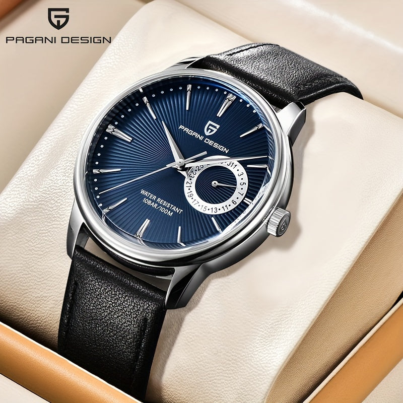 PAGAN DESIGN Fashion Casual Sports Watch Men Stainless Steel Waterproof Quartz Watch Leather Strap