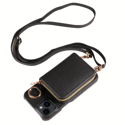 Leather Phone Case with Zipper Lanyard, Wallet, and Card Holder for iPhone (Multiple Models) - Anti-Drop and Convenient