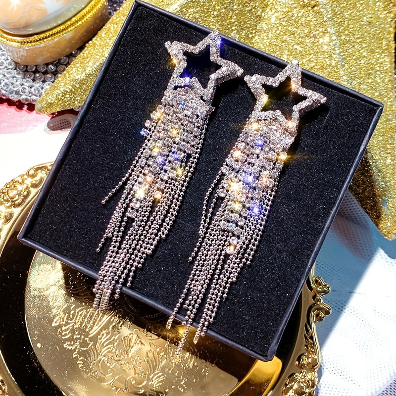 Jewelry for Women Featuring Long Tassel Earrings with a Silvery Pentagram Star Design, Perfect As Party Gifts.