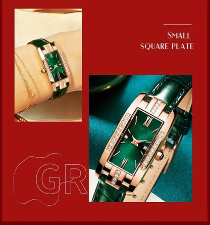 Rhinestone Decor Quartz Watch Elegant Rectangle Pointer Analog Wristwatch With PU Leather Strap