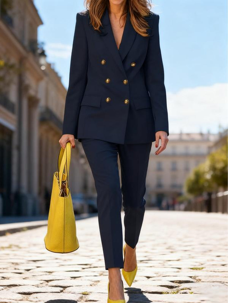 Two-Piece Set Women'S Plain Double Button Lapel Blazer & Elastic Waist Suit Pants Set, Elegant Fashion Casual Outfits for Work Office Business, Ladies Fall & Winter Clothes