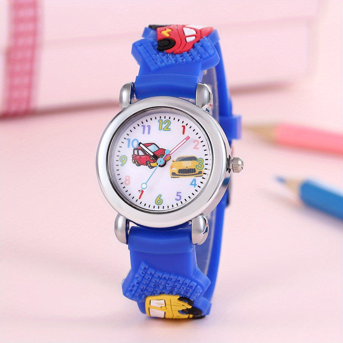 1pc Boys Girls Teen Cute Car Print Round Dial Quartz Watch For Gift Daily Life
