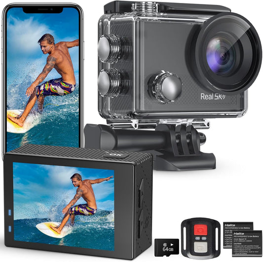 Speed 10 Action Camera 5K 30FPS Waterproof Camera Underwater 131 FT with EIS, Remote Control Sports Camera 5X Zoom with 64GB SD Card and 2 Battery
