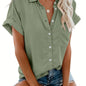 Women'S Short Sleeve V-Neck Button-Up Shirt with Pockets - Light Gray, Casual Summer Top, Perfect for Vacation or Casual Attire, Vacation Clothing | Buttonup Shirt | Glossy Texture