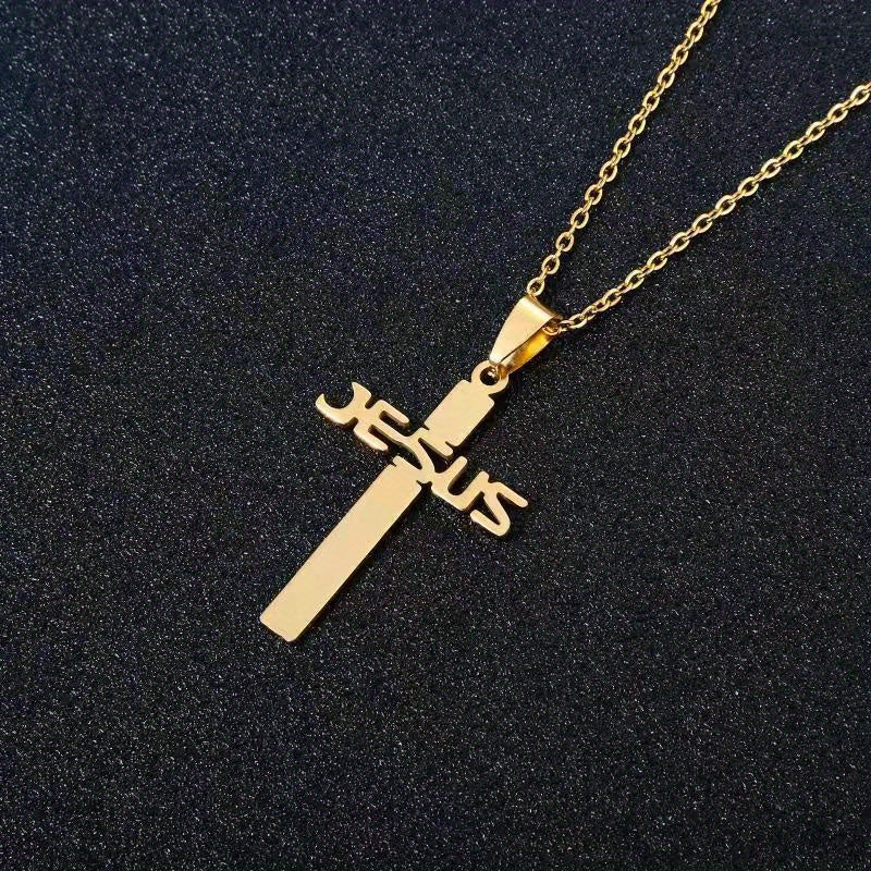 1pc Jesus Letter Cross Pendant Necklace, Stainless Steel Personality Design Fashion Metal Necklace Jewelry Gift