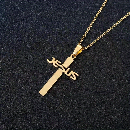 1pc Jesus Letter Cross Pendant Necklace, Stainless Steel Personality Design Fashion Metal Necklace Jewelry Gift