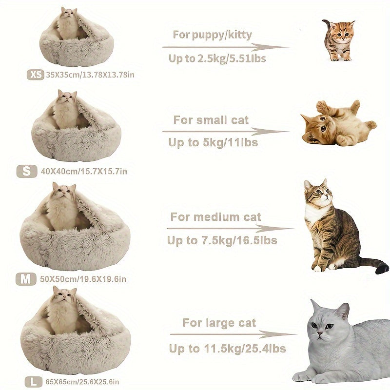 [Warm|Pet Bed] 2-in-1 Round Warm Pet Bed | Polyester Cat Bed, Long Plush, Winter, with Sleeping Bag Sofa Cushion for Cat