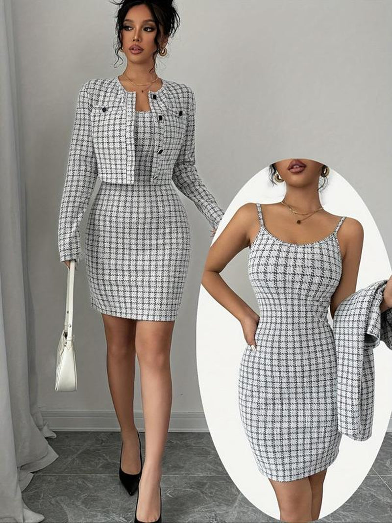 Women'S Jacket & Cami Dress Two-Piece Set, Casual Long Sleeve Outerwear & Dress for Work Office Business, Ladies Spring & Fall Clothes