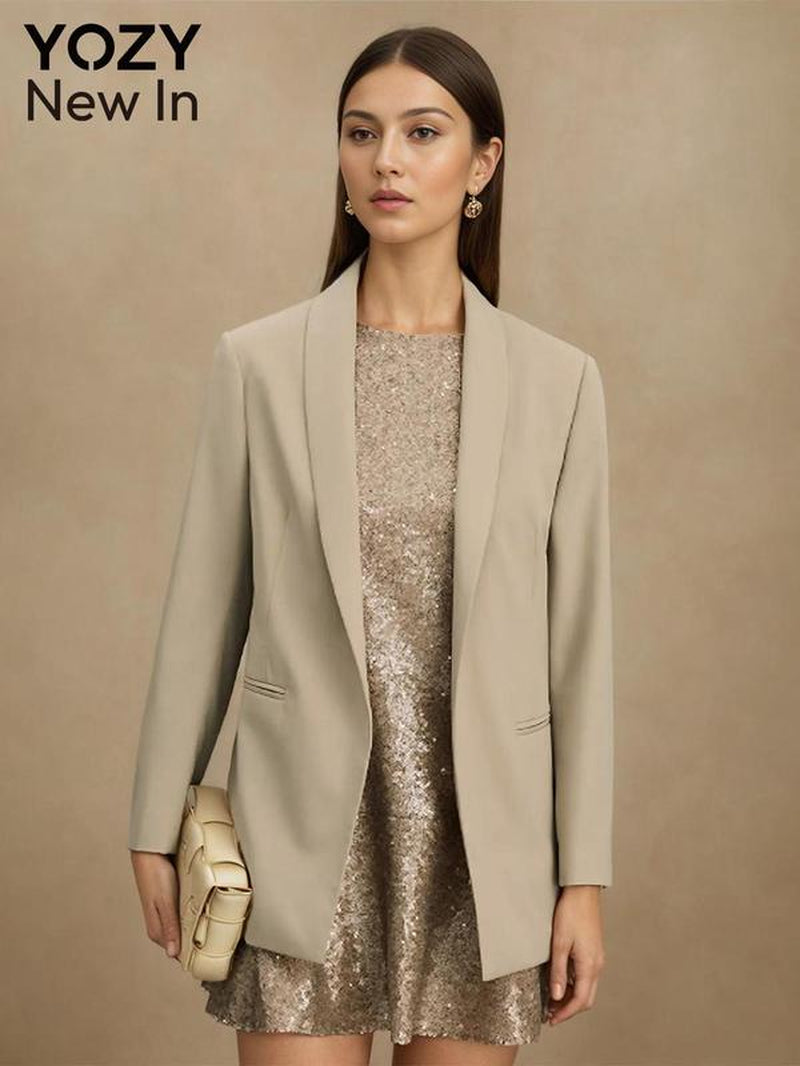 YOZY Women'S Solid Color Shawl Collar Blazer, Elegant Long Sleeve Button Outerwear for Spring & Fall, Ladies Clothes for Work Office Business