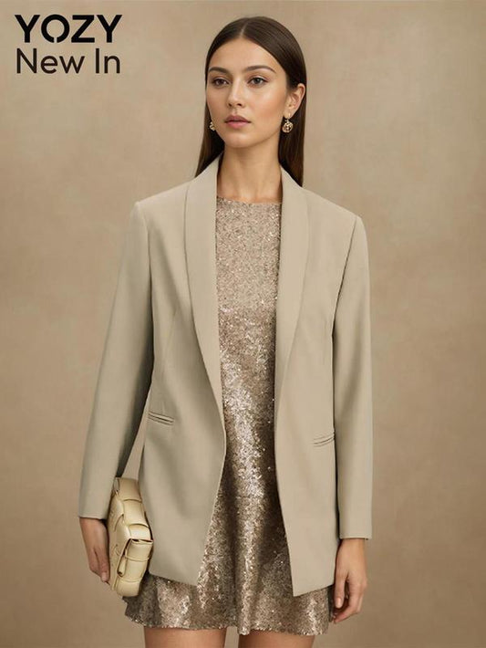 YOZY Women'S Solid Color Shawl Collar Blazer, Elegant Long Sleeve Button Outerwear for Spring & Fall, Ladies Clothes for Work Office Business