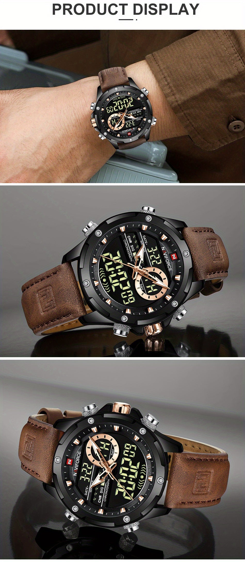 NAVIFORCE Men's Waterproof LED Dual Display Quartz Watch, Big Dial Chronograph Function Watch