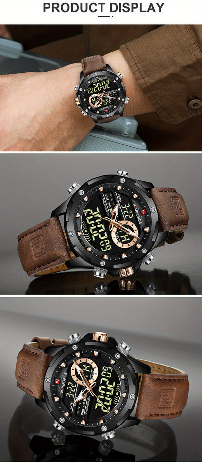 NAVIFORCE Men's Waterproof LED Dual Display Quartz Watch, Big Dial Chronograph Function Watch