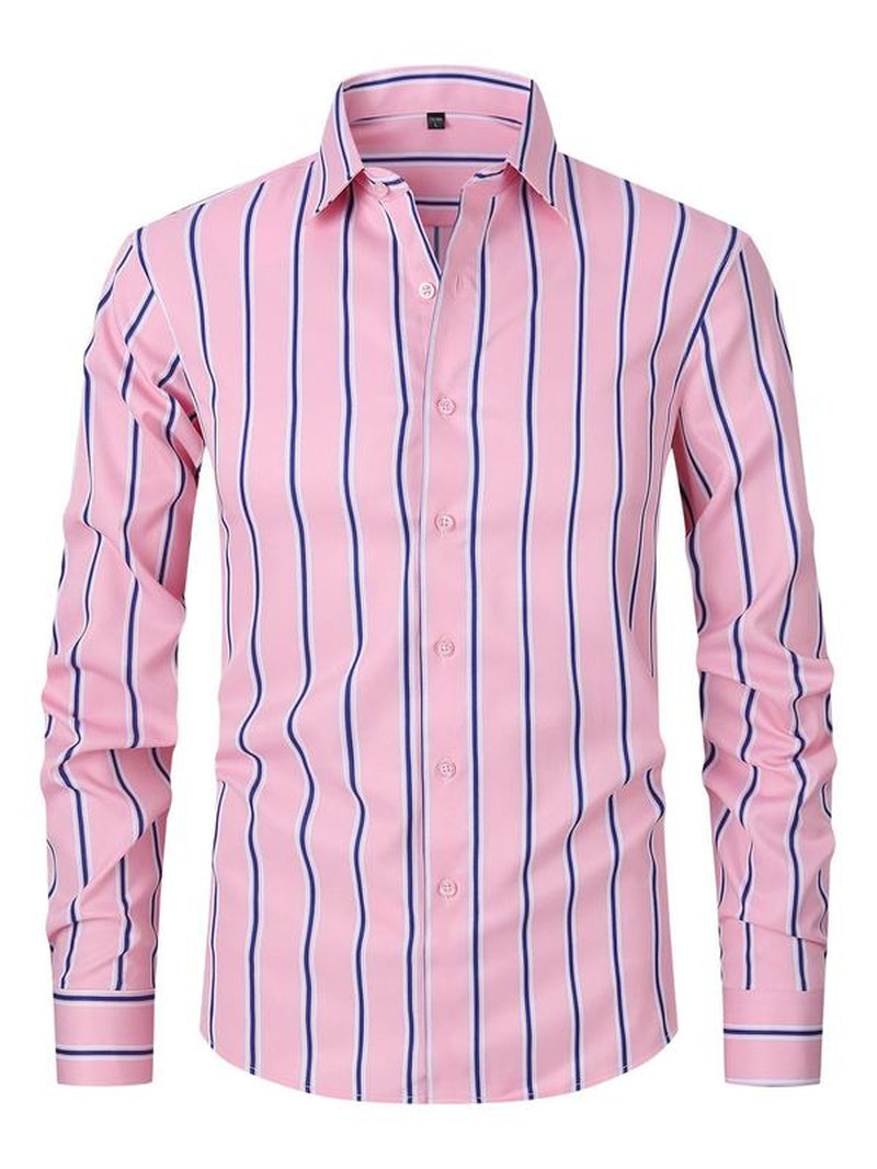 Men'S Striped Print Button Front Shirt, Regular Fit Casual Long Sleeve Collared Top for Spring & Fall, Men'S Clothes for Business Work Daily Wear