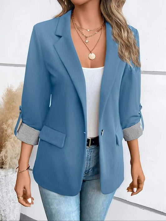 Women'S Solid Color Button Front Roll up Sleeve Blazer Coat, Casual 3/4 Sleeve Lapel Neckline Outerwear for Spring & Fall, Ladies Clothes for Work Office Business