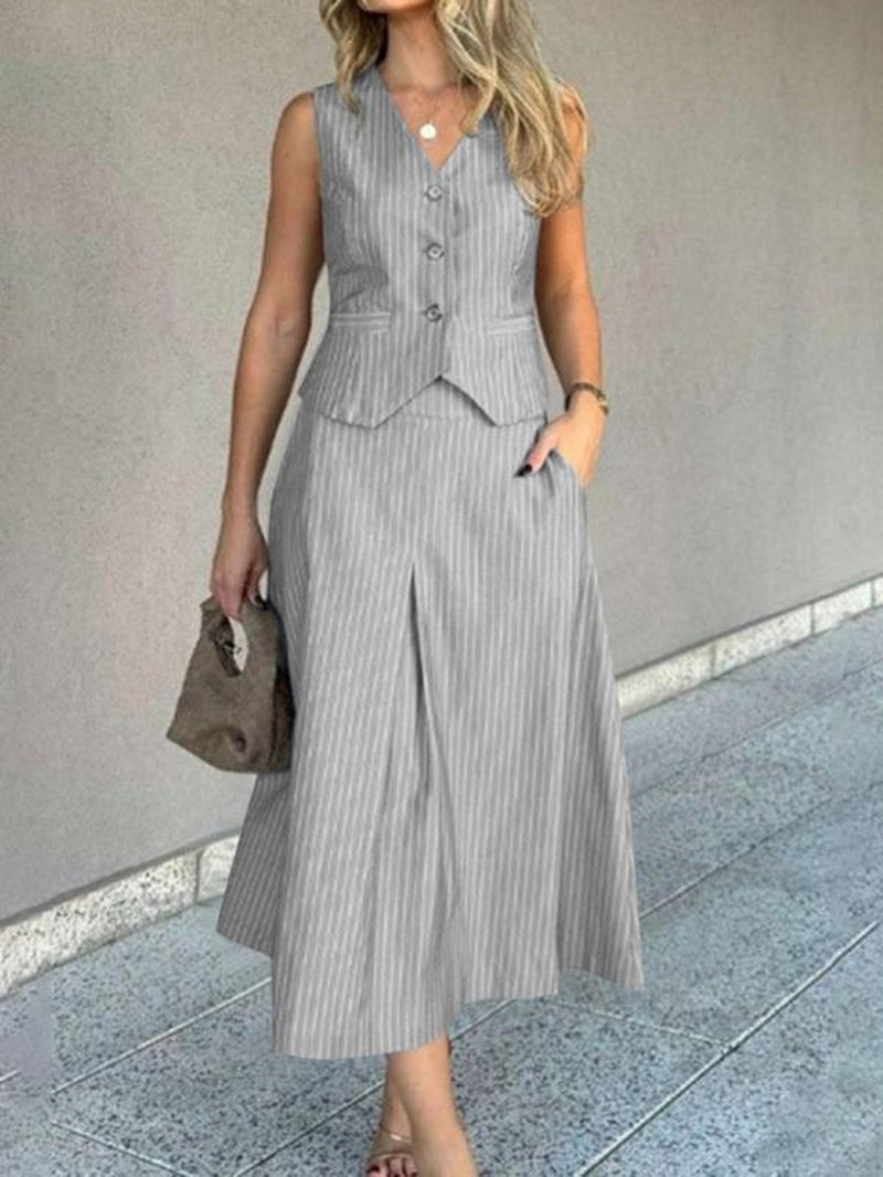 Women'S Striped Print Vest & High Waist Skirt Two-Piece Set, Casual Sleeveless Button Front Top & a Line Skirt for Work Office Business, Ladies Summer Clothes