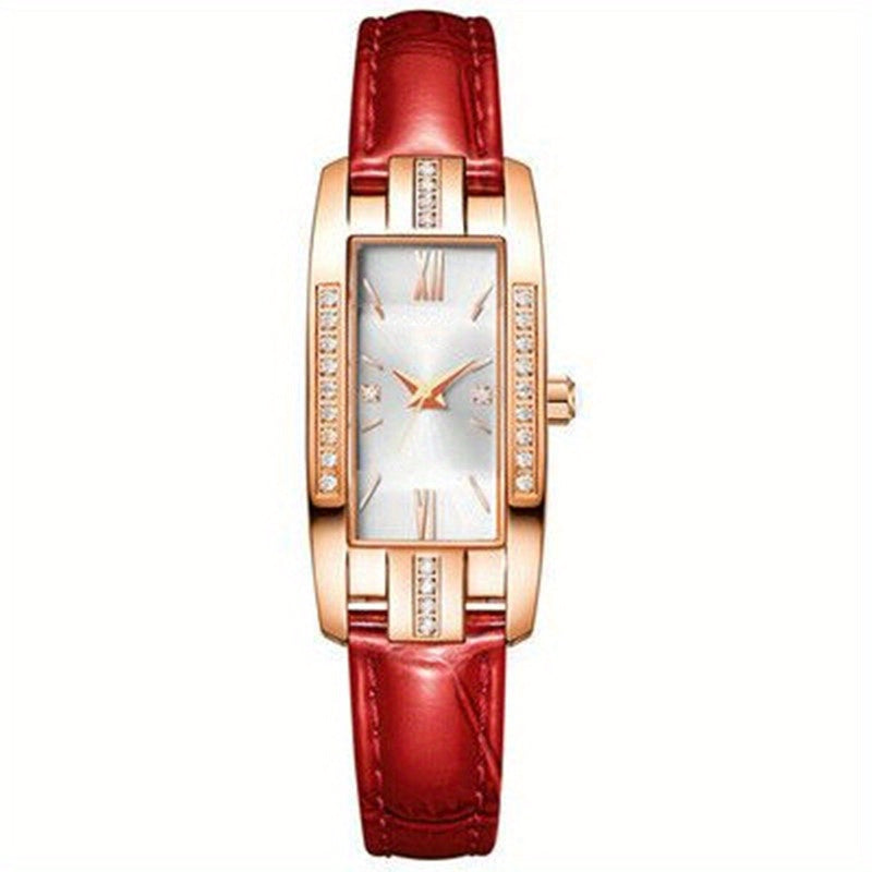 Rhinestone Decor Quartz Watch Elegant Rectangle Pointer Analog Wristwatch With PU Leather Strap
