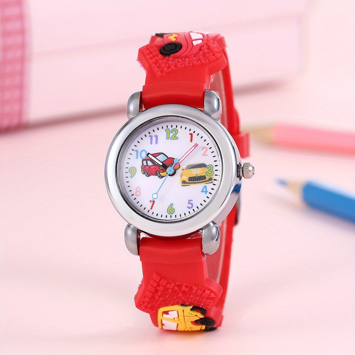 1pc Boys Girls Teen Cute Car Print Round Dial Quartz Watch For Gift Daily Life