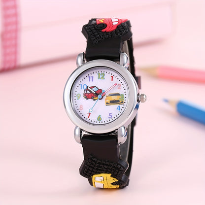 1pc Boys Girls Teen Cute Car Print Round Dial Quartz Watch For Gift Daily Life