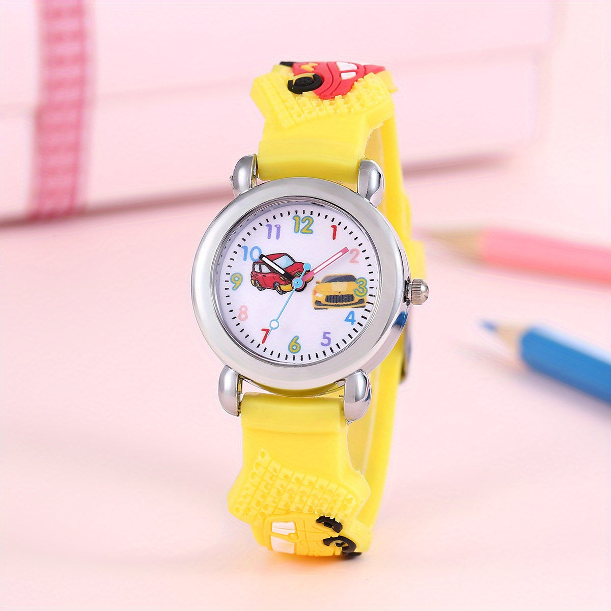 1pc Boys Girls Teen Cute Car Print Round Dial Quartz Watch For Gift Daily Life