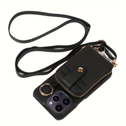Phone Case Cover Anti-Fall Card Holder Crossbody Bag, For IPhone 15/15Plus/15Pro/15ProMax, IPhone 14/14Plus/14Pro/14ProMax, With Hook, With Long Lanyard Multifunctional Zipper Card Storage Leather Phone Case Cover