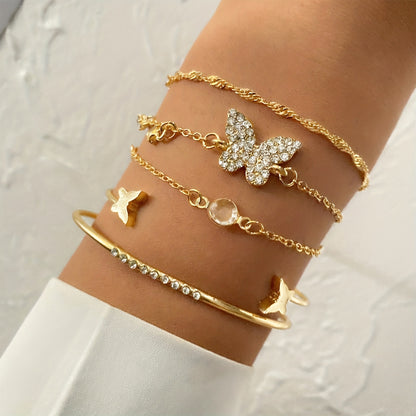 5pcs Elegant Alloy Bracelet Set with Rhinestone Butterfly Charms, Simple Daily & Gift Occasion Jewelry, All-Season Accessory