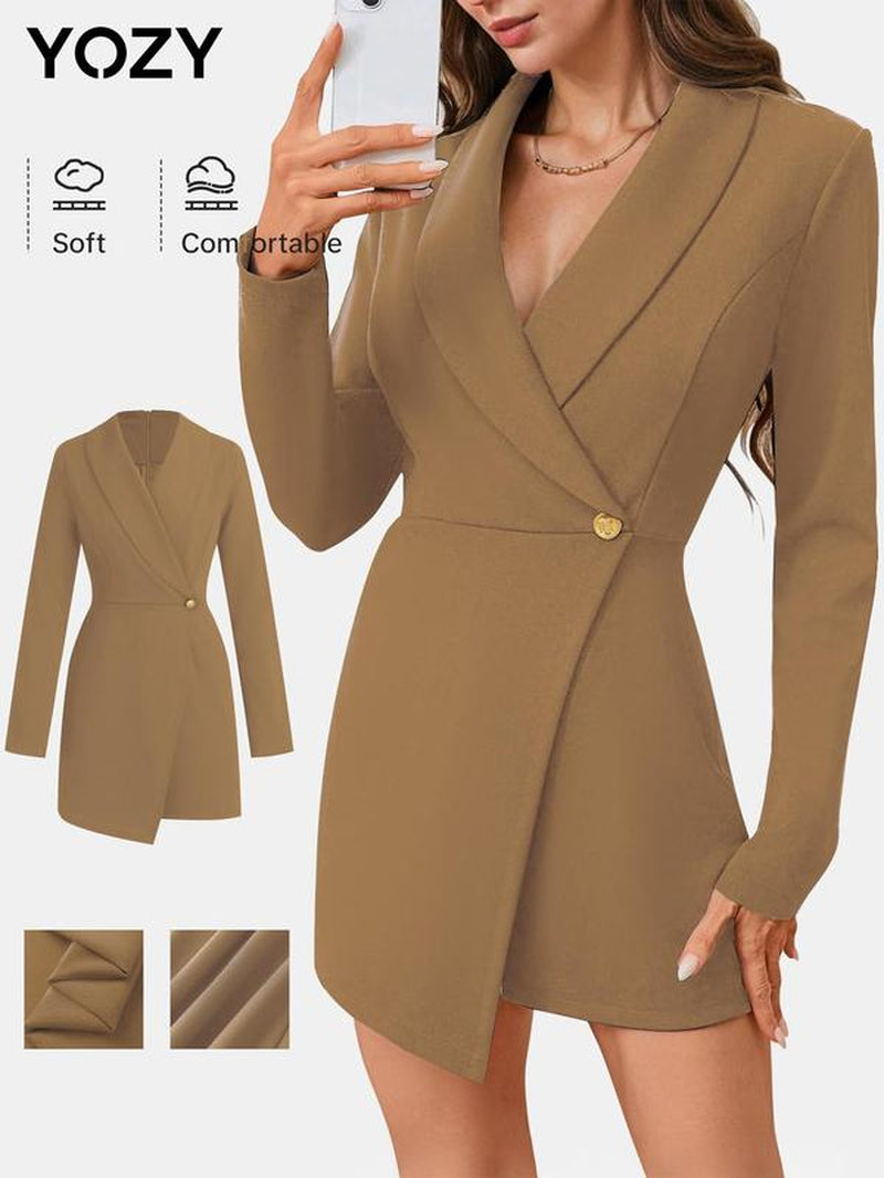 YOZY Women'S Solid Button Shawl Collar Romper, Elegant Asymmetrical Long Sleeve Zipper Romper for Work Office Business, Ladies Clothes, Valentine'S Day Gift for Girl