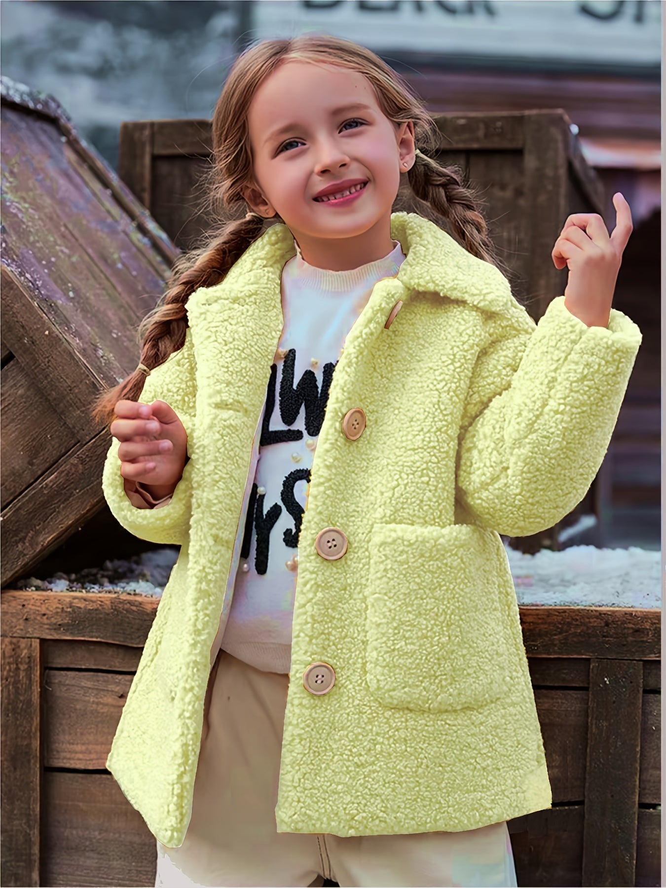 Girls' Lamb Fur Jacket | JOMAKE Korean-Style Lapel Collar, Two-Tone, Warm Windbreaker with Pockets, Lining, Button Closure, Long Sleeves for Winter