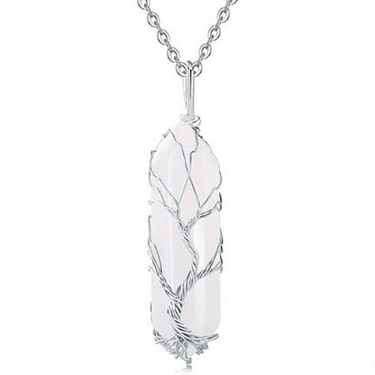 1pc Tree Of Life Wire Wrapped Crystal Point Pendant Necklace, Reiki Healing Crystal Stone Necklaces, Natural Hexagonal Gemstone Quartz Jewelry For Women