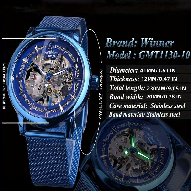 Stainless Steel Automatic Mens Watch - Fashionable Hollow Design, Mesh Strap, Water-resistant for Business & Casual Wear
