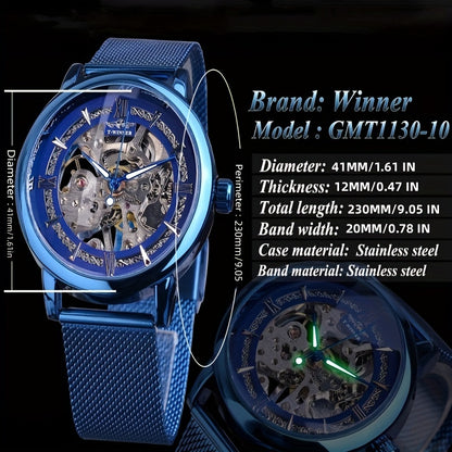 Stainless Steel Automatic Mens Watch - Fashionable Hollow Design, Mesh Strap, Water-resistant for Business & Casual Wear
