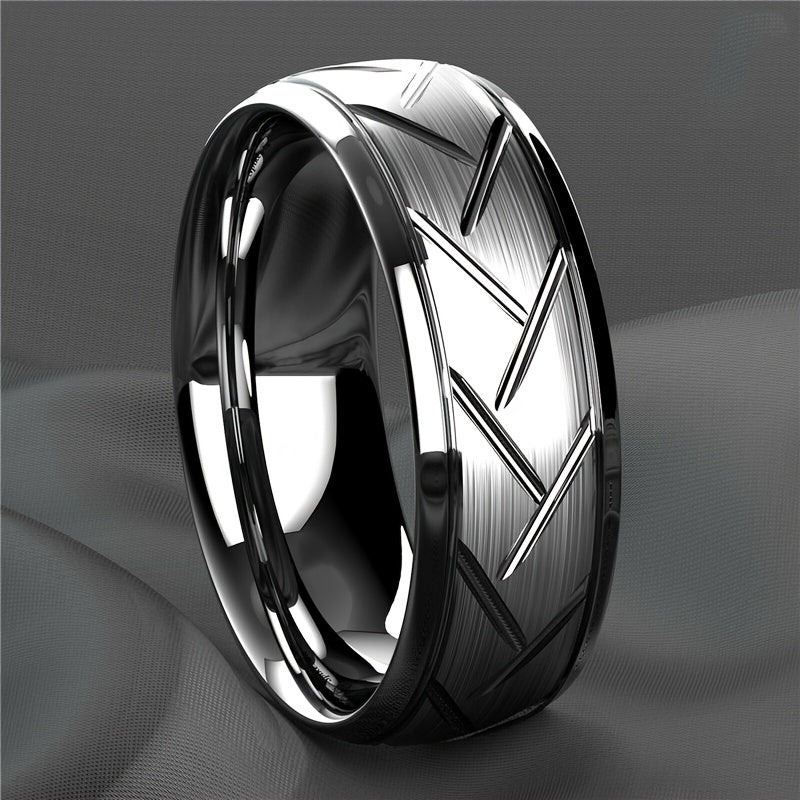 1pc 8MM Luxury Black Titanium Steel Ring - High Quality, Fashion Simple Design, Black Stainless Steel Wire Groove Tire Ring - For Men - Perfect Gift for Him - Anniversary, Birthday, Valentine's Day