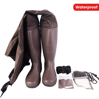 Waterproof Nylon PVC Coating Hip Wader - 1 Pair Brown Outdoor Pants for Farming/Fishing - Drying Hook and Waterproof Phone Case