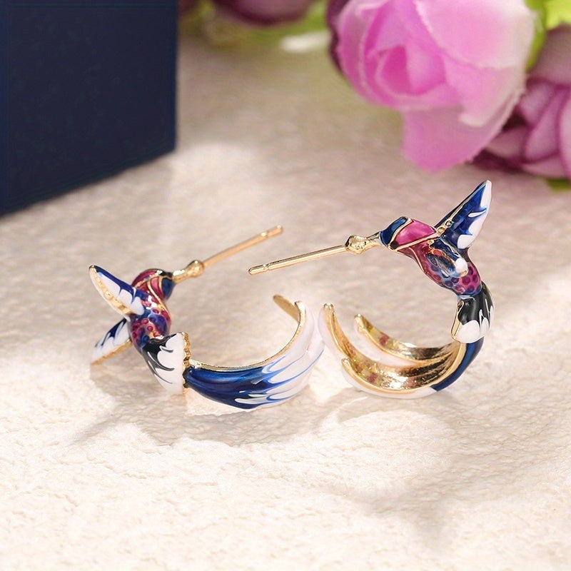 Cute Flying Hummingbird Oil Painting Earrings Enamel Hummingbird Stud Earrings Colorful Animal Elegant Jewelry For Women