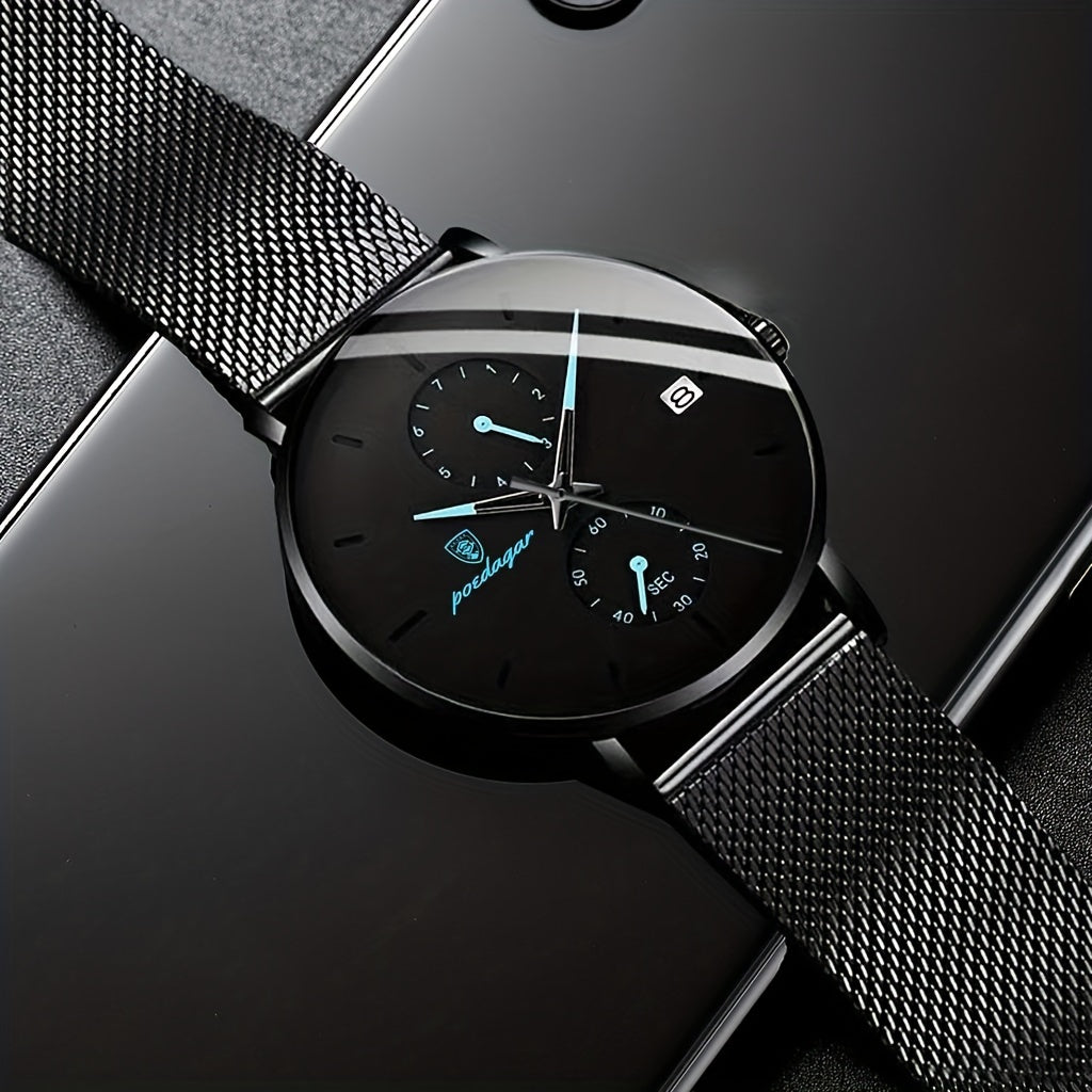 Mens Slim Quartz Watch - Luminous Date Display, Water Resistant, Stainless Steel Mesh Strap, Ideal Gift for Him, Stylish Sport Wristwatch for Everyday Wear