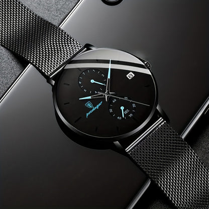 Mens Slim Quartz Watch - Luminous Date Display, Water Resistant, Stainless Steel Mesh Strap, Ideal Gift for Him, Stylish Sport Wristwatch for Everyday Wear