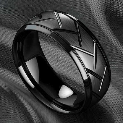 1pc 8MM Luxury Black Titanium Steel Ring - High Quality, Fashion Simple Design, Black Stainless Steel Wire Groove Tire Ring - For Men - Perfect Gift for Him - Anniversary, Birthday, Valentine's Day