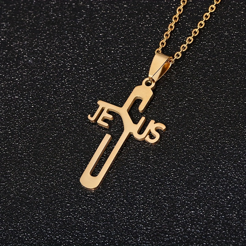 1pc Jesus Letter Cross Pendant Necklace, Stainless Steel Personality Design Fashion Metal Necklace Jewelry Gift