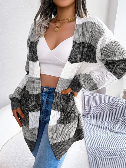 Cozy Striped Colorblock V-neck Cardigan - Super-soft Knit, Loose Fit, Dropped Shoulder - Trendy Womens Winter Wear for Casual Chic