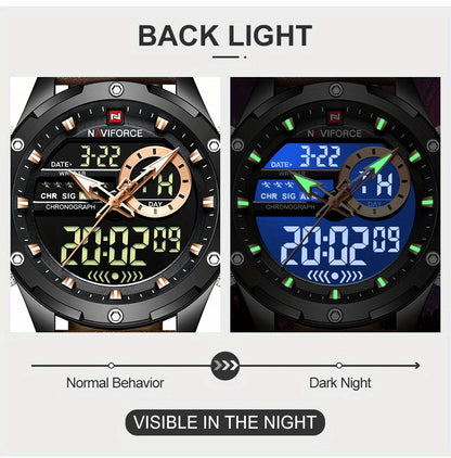 NAVIFORCE Men's Waterproof LED Dual Display Quartz Watch, Big Dial Chronograph Function Watch